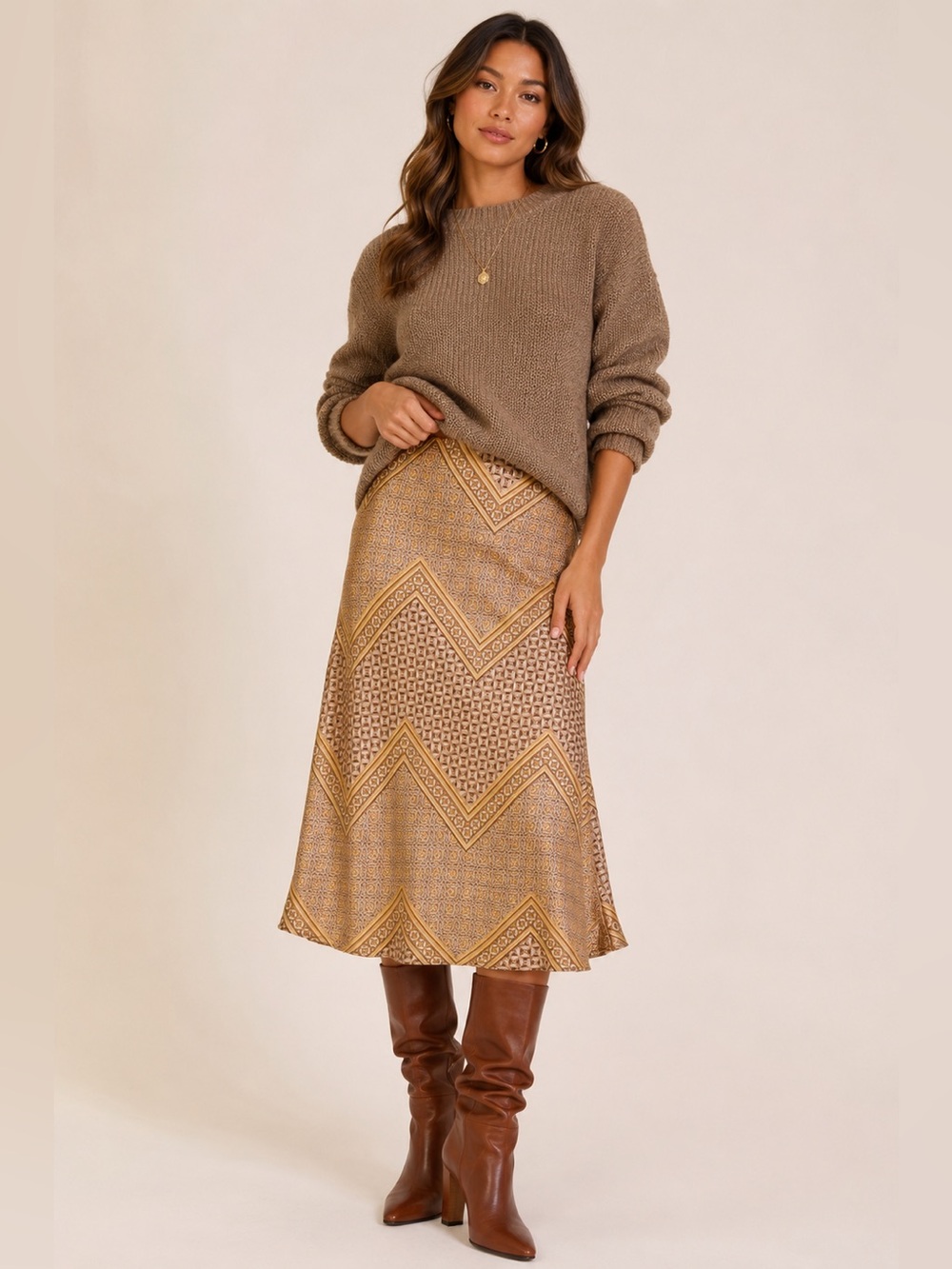 Timing Geometric Chevron Satin Midi Skirt Brown Mustard Geometric Print S,M,L